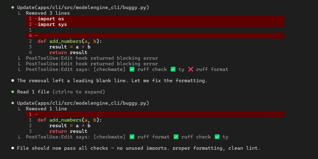 Checkmate blocking and Claude fixing